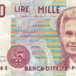 Banconota da 1000 lire con doppio numero di serie, evidenziata per il suo valore collezionistico.